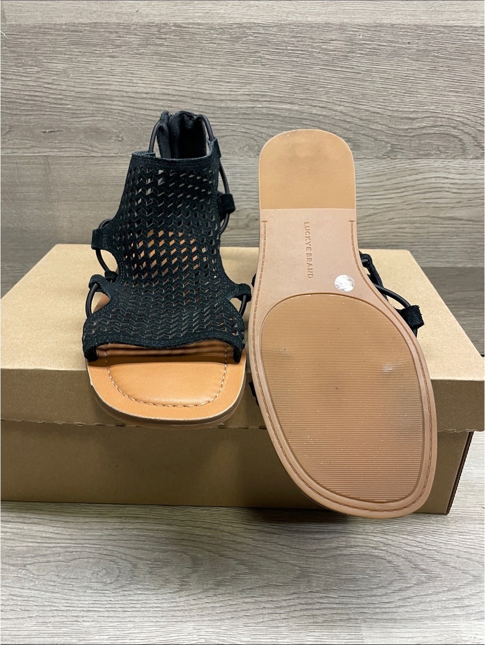 Lucky Brand Black Woven Leather Gladiator Sandals